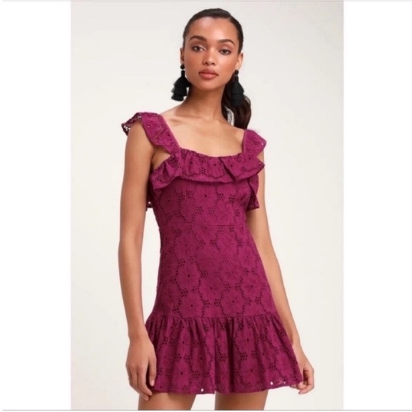 Lulus Dresses & Skirts - Lulu's Biscay magenta ruffled eyelet lace dress